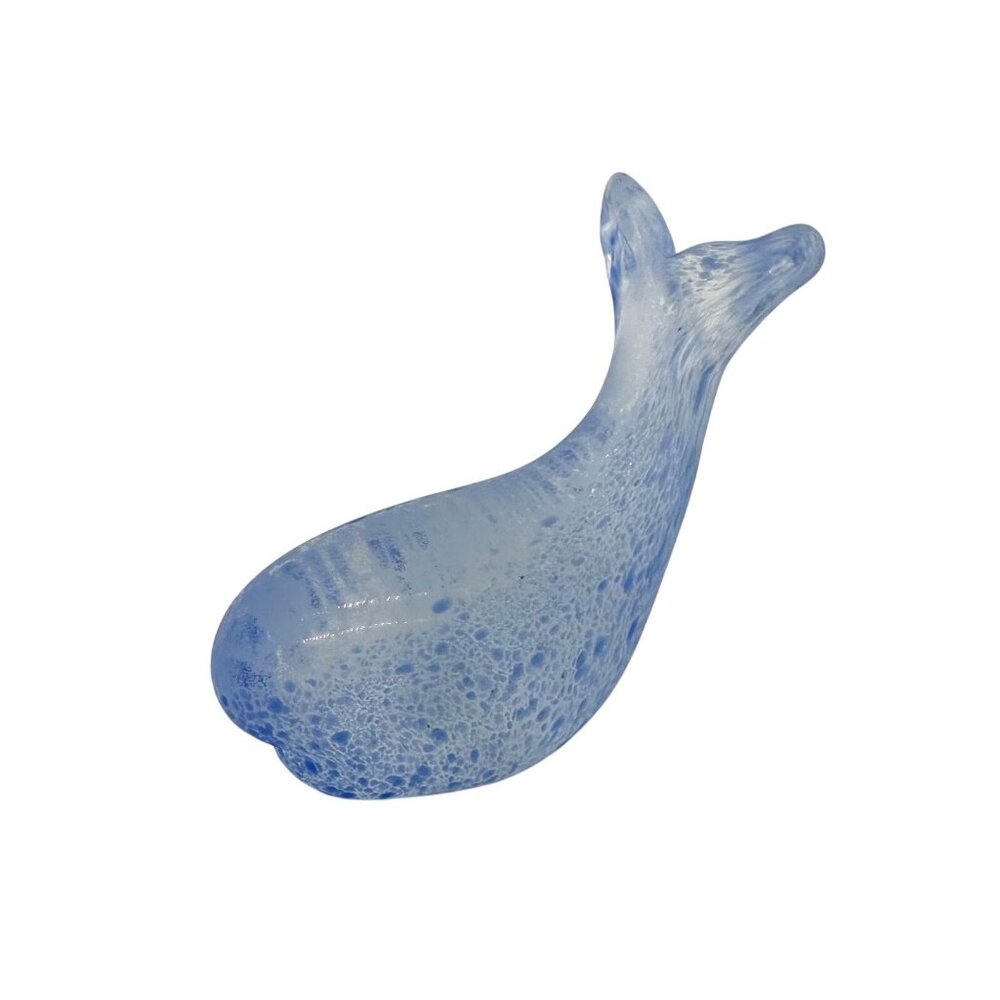 Blue Whale Art Glass Frosted Speckle Figurine Handmade Sea Beach Nautical Statue